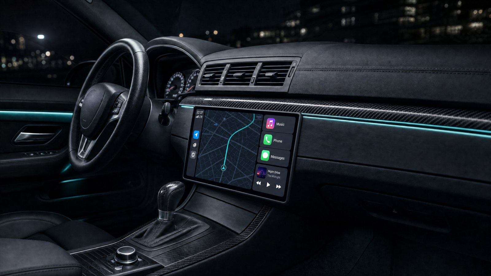 The same dashboard with a widescreen touchscreen fitted in place of the factory stereo, showing navigation and media side by side