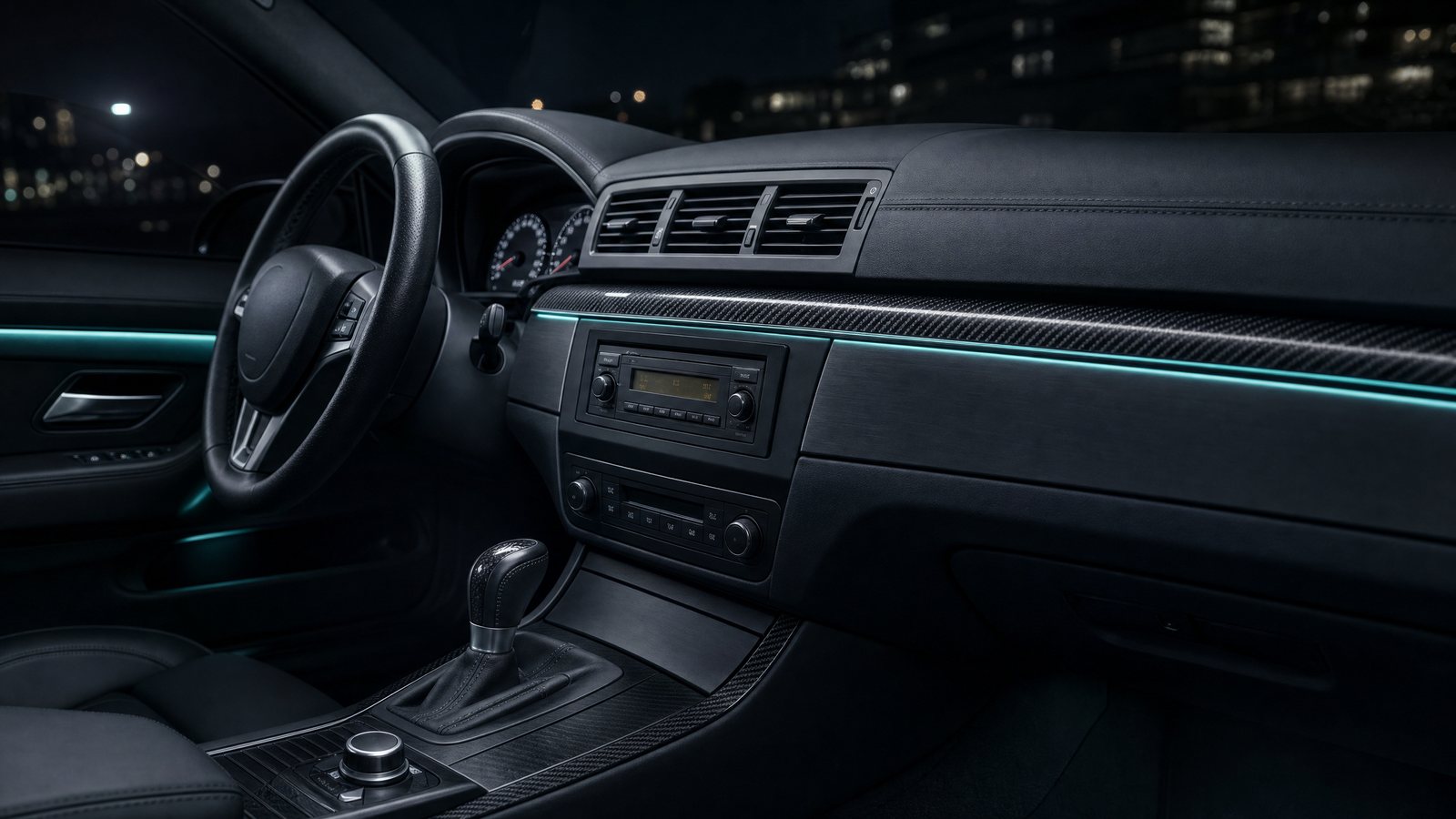 A dated factory double-DIN stereo with a small monochrome display and rotary knobs, fitted in the centre of a dark car dashboard