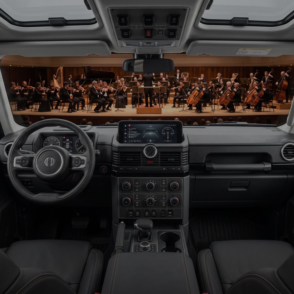 The Ineos Grenadier cabin tuned like a concert hall, with a full orchestra seen through the windshield