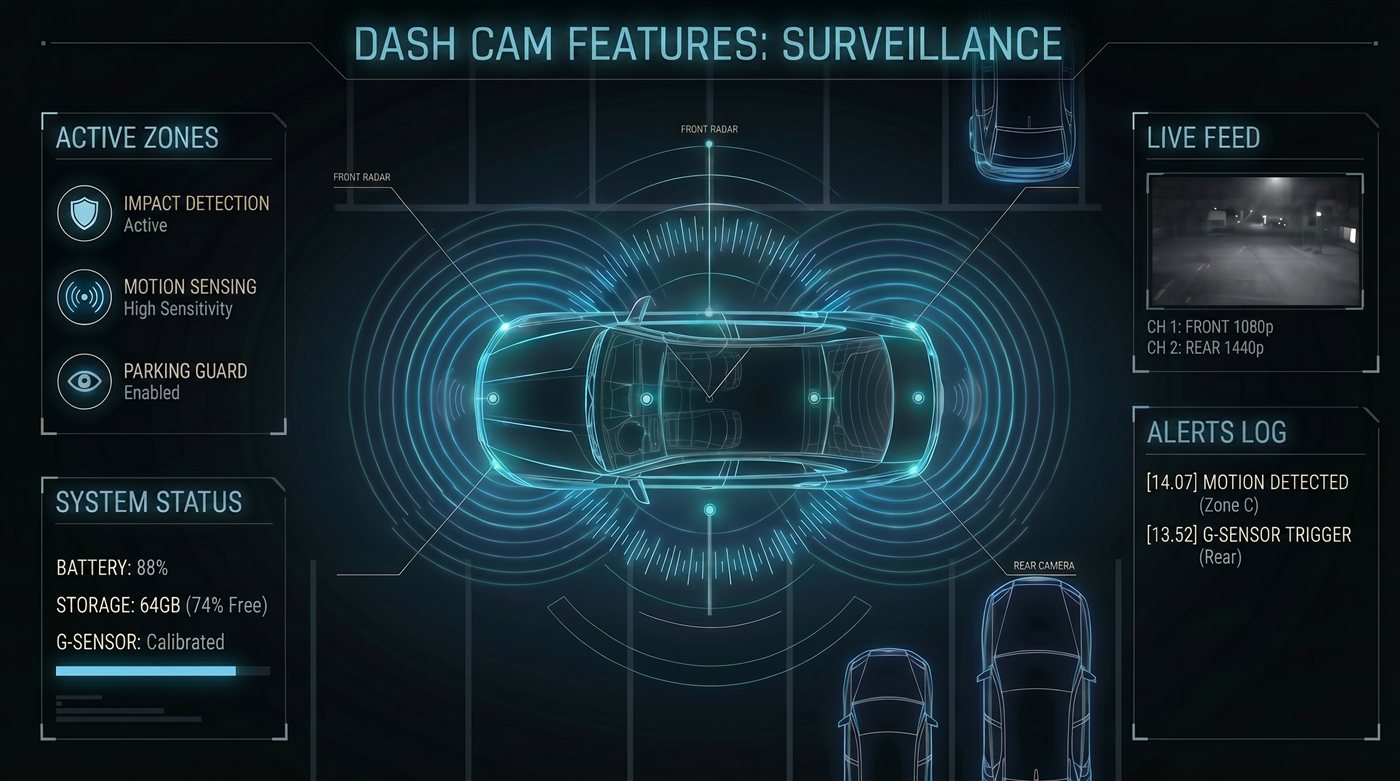 Parking surveillance impact and motion detection zones